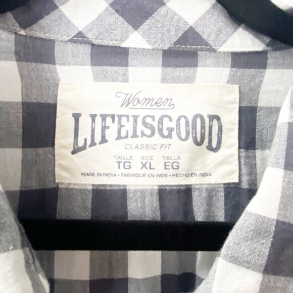 Life is Good XL Womens Gray White Plaid Check Button-Front Shirt Top - Picture 4 of 9
